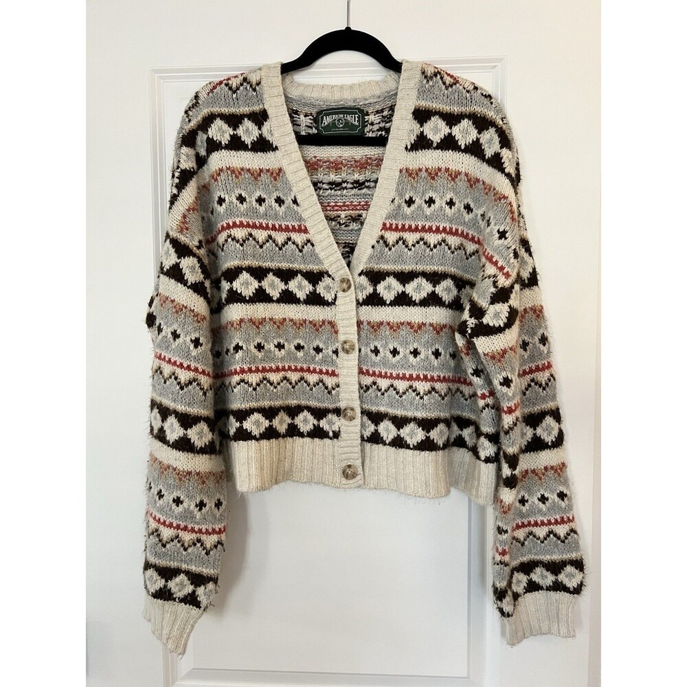 American Eagle Fair Isle Cardigan Dark Brown And Cream Size Large EUC